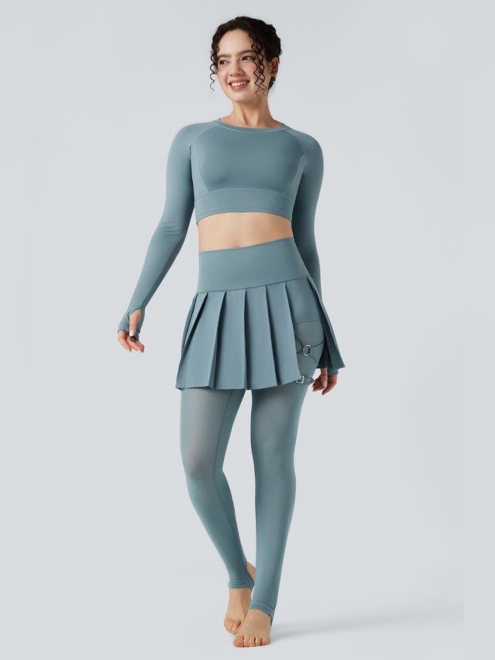Pleated 2-in-1 Contrast Mesh Quick Dry Dance Stirrup Skirted Leggings 7/8